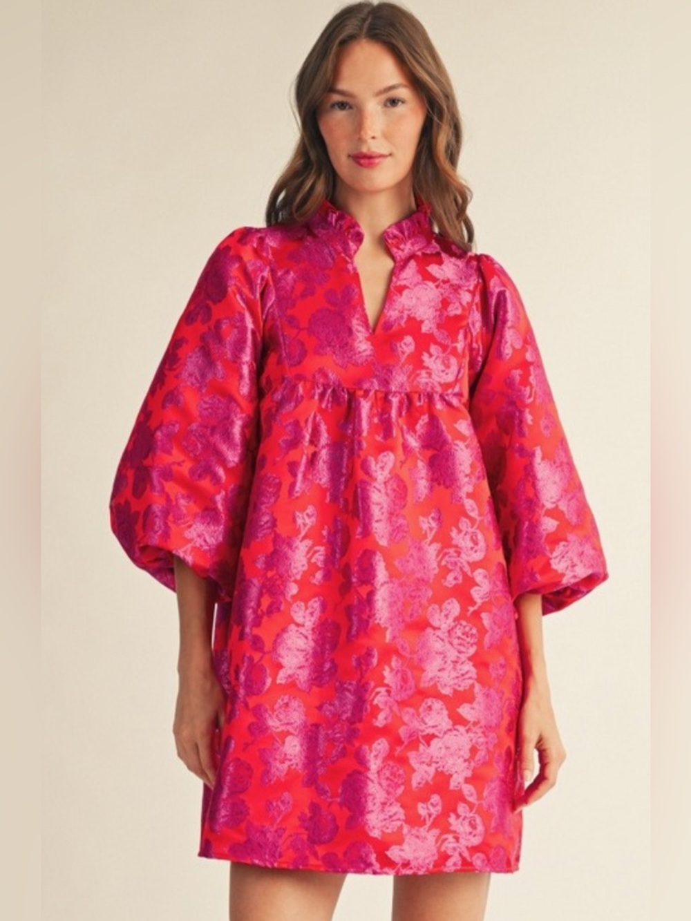 JODIFL Red & Fuchsia Floral Jacquard Tunic Top